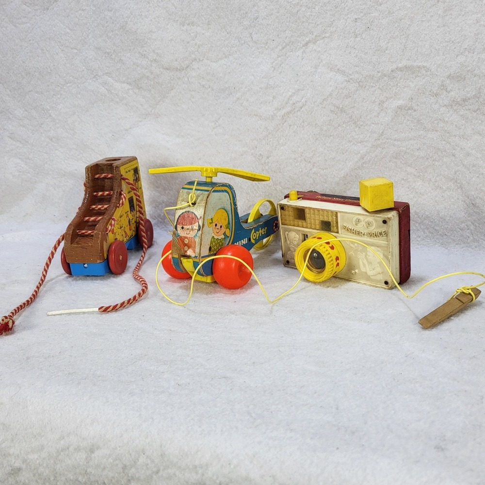Vintage Toy Lot Fisher Price Camera Mini Copter Old Woman Shoe Pull Toys 1960s
